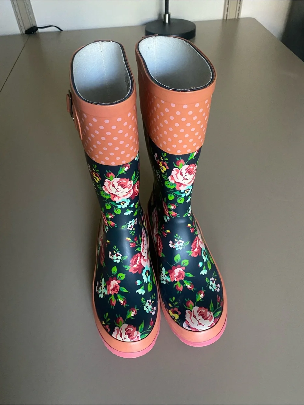 Western Chief Girls Navy Floral Rain Boots with Pink Trim